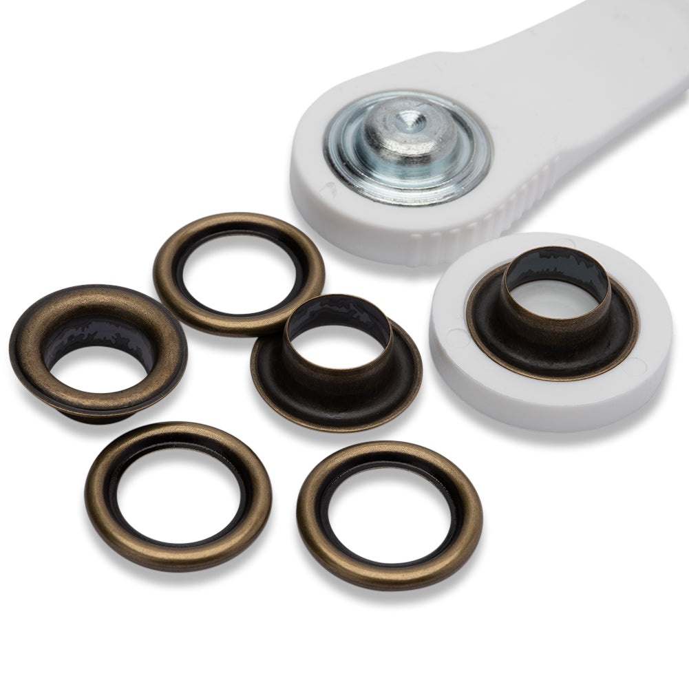 Prym Eyelets with Washers with Tools - Antique Brass 11mm - 15pc Folded Prym Eyelets with Washers with Tools - Antique Brass 11mm - 15pc Folded
