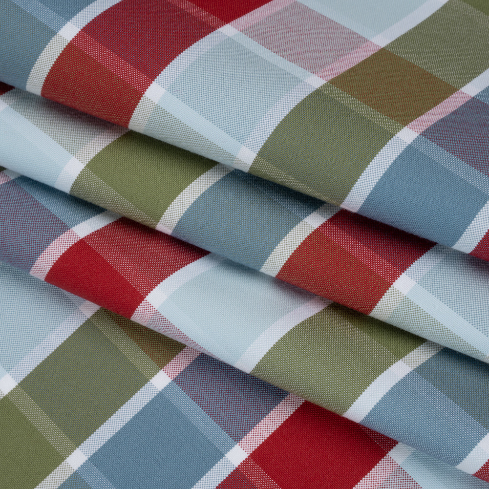 Cotton Oxford Shirting - Country Blue, Red, and Olive Green Plaid - Deadstock Cotton Oxford Shirting - Country Blue, Red, and Olive Green Plaid - Deadstock