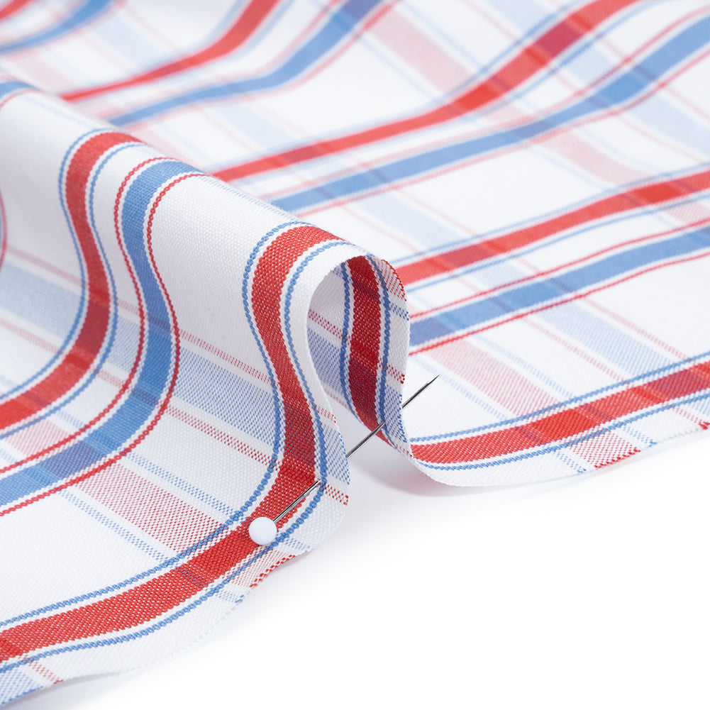 Cotton Oxford Shirting - Sky Blue, Tango Red and White Plaid - Deadstock Cotton Oxford Shirting - Sky Blue, Tango Red and White Plaid - Deadstock