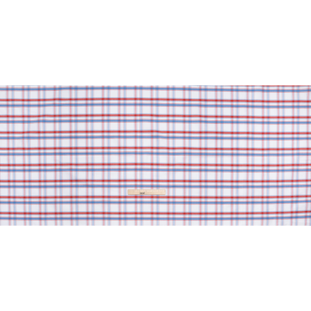 Cotton Oxford Shirting - Sky Blue, Tango Red and White Plaid - Deadstock Cotton Oxford Shirting - Sky Blue, Tango Red and White Plaid - Deadstock