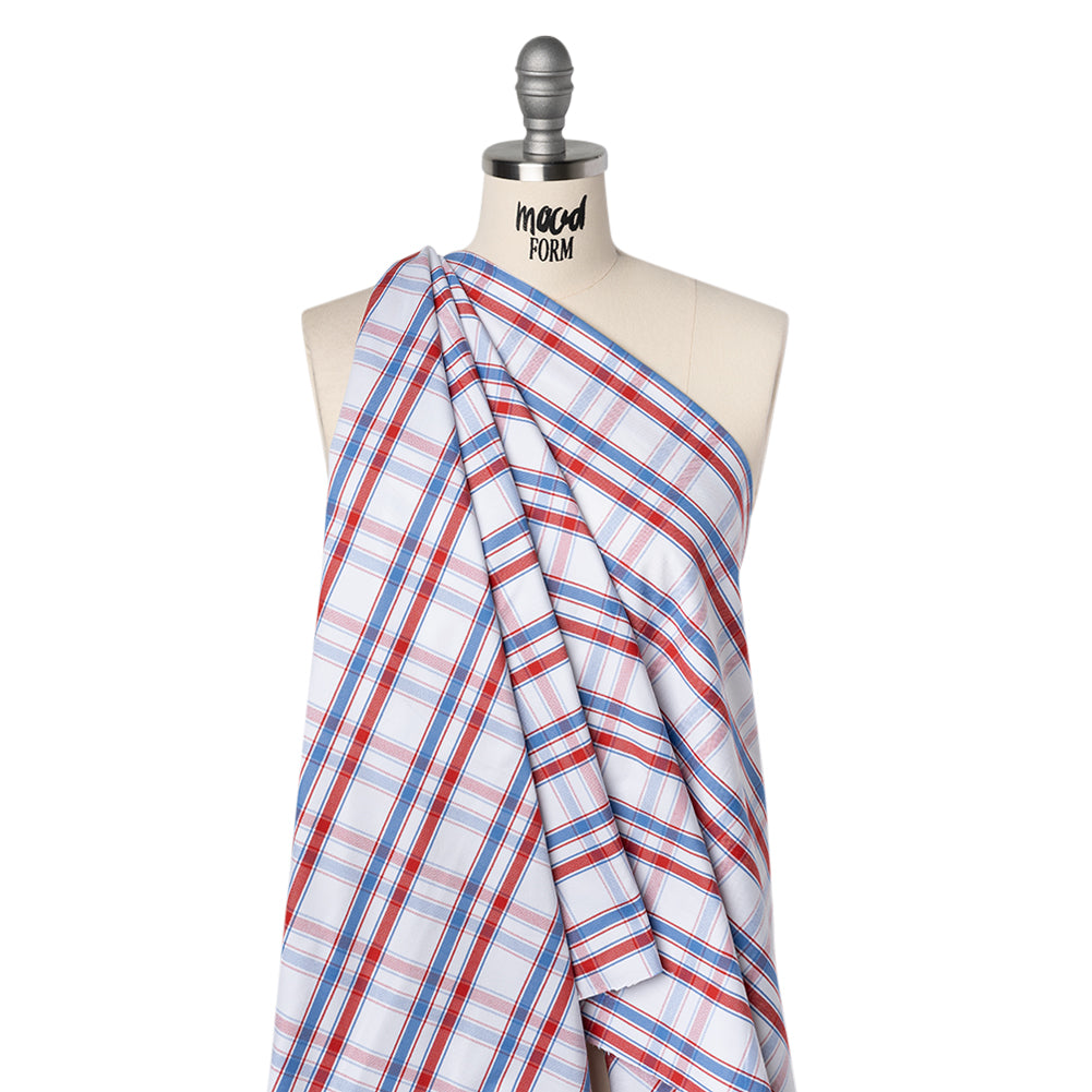 Cotton Oxford Shirting - Sky Blue, Tango Red and White Plaid - Deadstock Cotton Oxford Shirting - Sky Blue, Tango Red and White Plaid - Deadstock