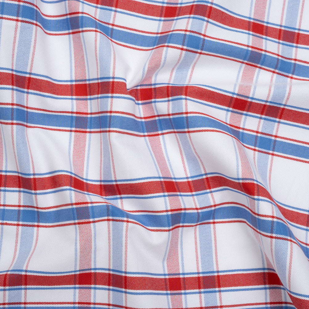 Cotton Oxford Shirting - Sky Blue, Tango Red and White Plaid - Deadstock Cotton Oxford Shirting - Sky Blue, Tango Red and White Plaid - Deadstock