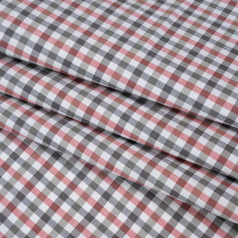 Cotton Oxford Shirting - Charcoal, Warm Gray and Red Checks - Deadstock Cotton Oxford Shirting - Charcoal, Warm Gray and Red Checks - Deadstock