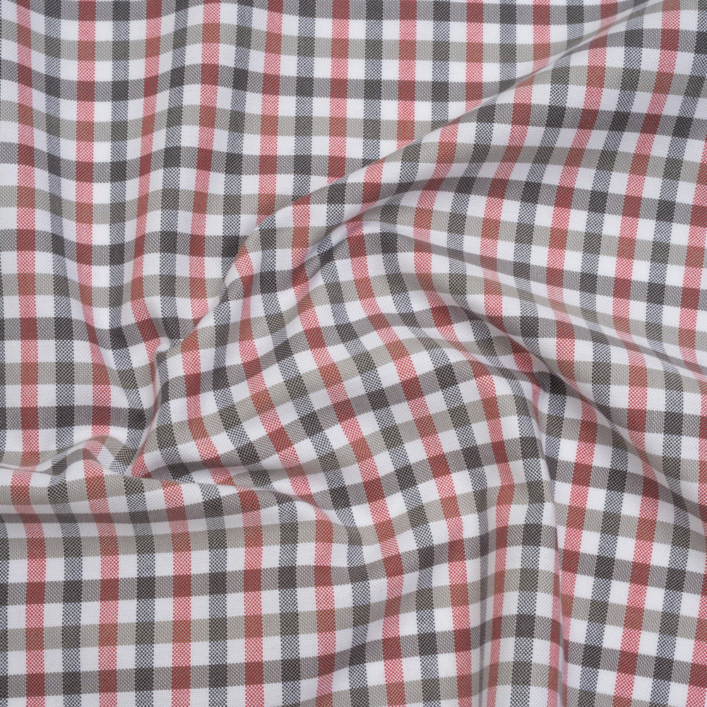 Cotton Oxford Shirting - Charcoal, Warm Gray and Red Checks - Deadstock Cotton Oxford Shirting - Charcoal, Warm Gray and Red Checks - Deadstock