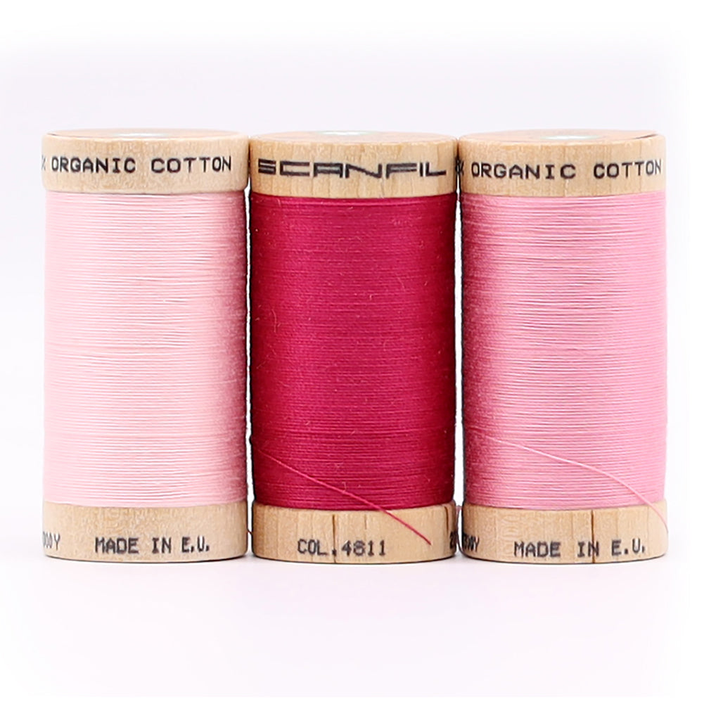 SCANFIL® 30wt Organic Pima Cotton Thread Trio Set - 3ct 300yd Spools - Pretty Pinks Folded SCANFIL® 30wt Organic Pima Cotton Thread Trio Set - 3ct 300yd Spools - Pretty Pinks Folded