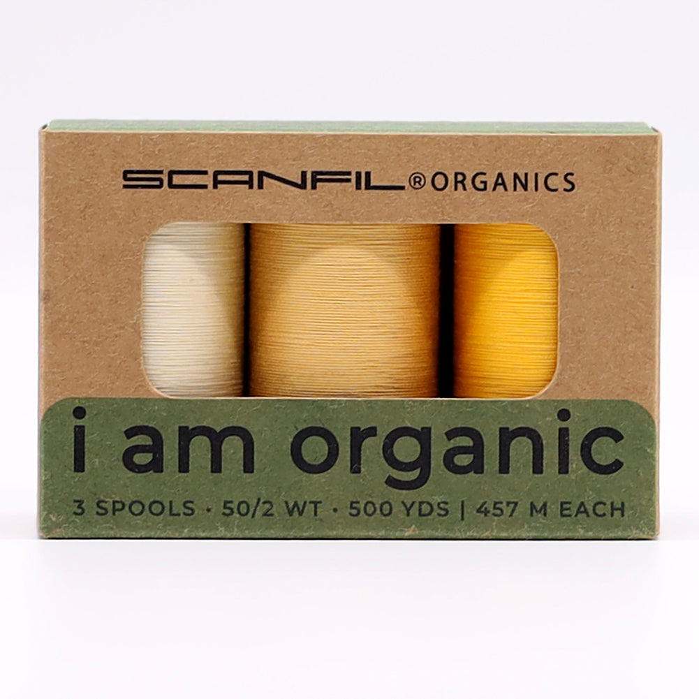 SCANFIL® 50wt Organic Pima Cotton Thread Trio Set - 3ct 500yd Spools - Sunshine Yellows Drape SCANFIL® 50wt Organic Pima Cotton Thread Trio Set - 3ct 500yd Spools - Sunshine Yellows Drape
