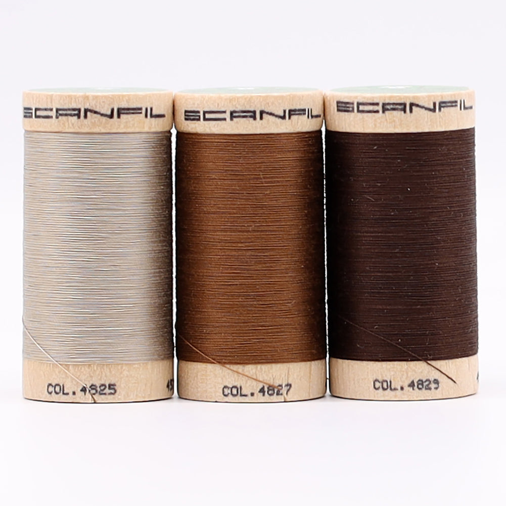 SCANFIL® 50wt Organic Pima Cotton Thread Trio Set - 3ct 500yd Spools - Earthy Browns Detail SCANFIL® 50wt Organic Pima Cotton Thread Trio Set - 3ct 500yd Spools - Earthy Browns Detail