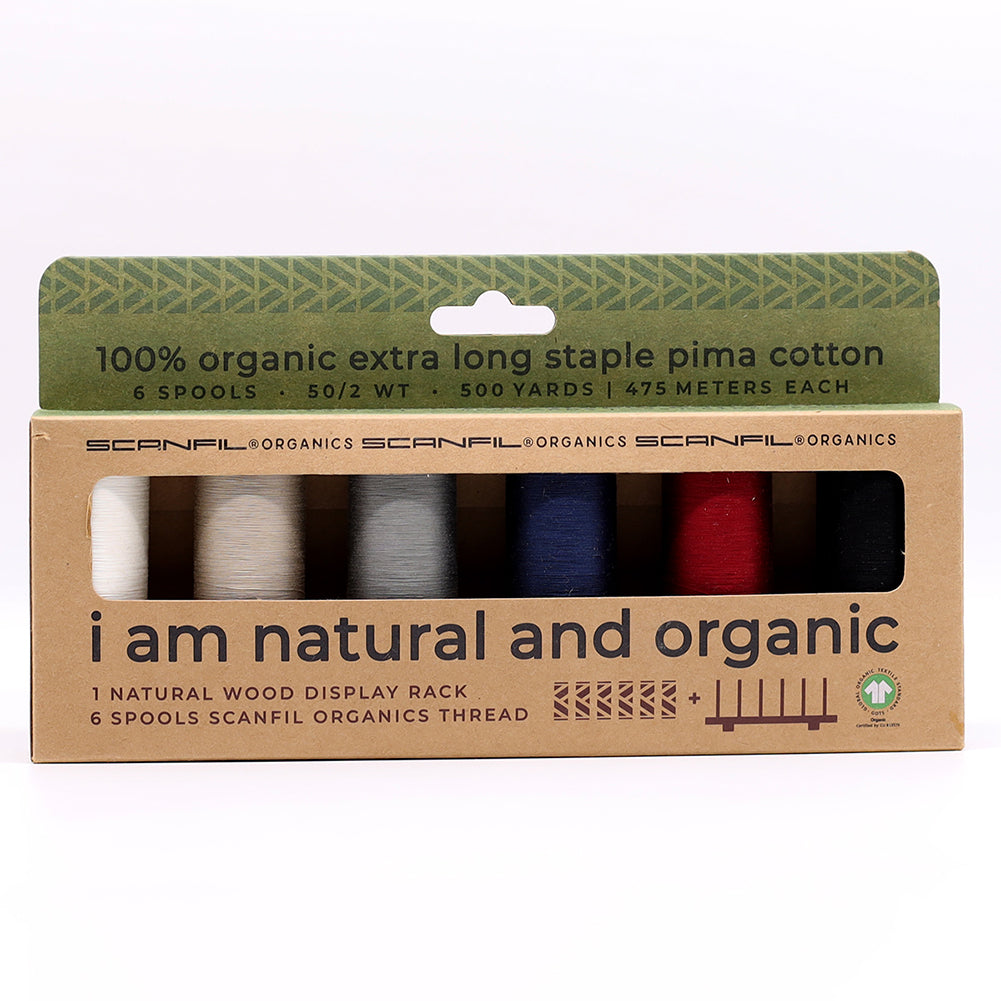 SCANFIL® 50wt Organic Pima Cotton Thread Set - 6ct 500yd Spools & Wood Rack - Neutrals Drape SCANFIL® 50wt Organic Pima Cotton Thread Set - 6ct 500yd Spools & Wood Rack - Neutrals Drape