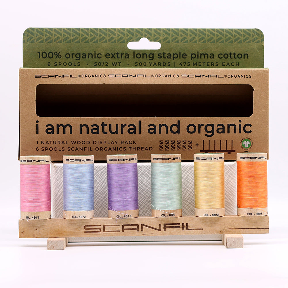 SCANFIL® 50wt Organic Pima Cotton Thread Set - 6ct 500yd Spools & Wood Rack - Pastels Folded SCANFIL® 50wt Organic Pima Cotton Thread Set - 6ct 500yd Spools & Wood Rack - Pastels Folded