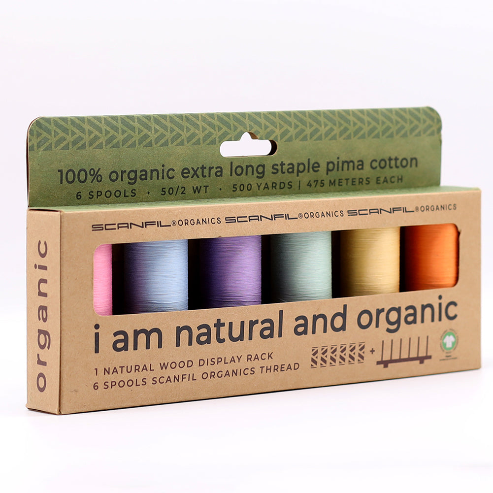 SCANFIL® 50wt Organic Pima Cotton Thread Set - 6ct 500yd Spools & Wood Rack - Pastels SCANFIL® 50wt Organic Pima Cotton Thread Set - 6ct 500yd Spools & Wood Rack - Pastels