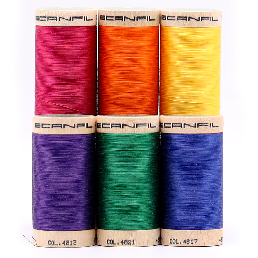 SCANFIL® 50wt Organic Pima Cotton Thread Set - 6ct 500yd Spools & Wood Rack - Jewel Tones - Full SCANFIL® 50wt Organic Pima Cotton Thread Set - 6ct 500yd Spools & Wood Rack - Jewel Tones - Full