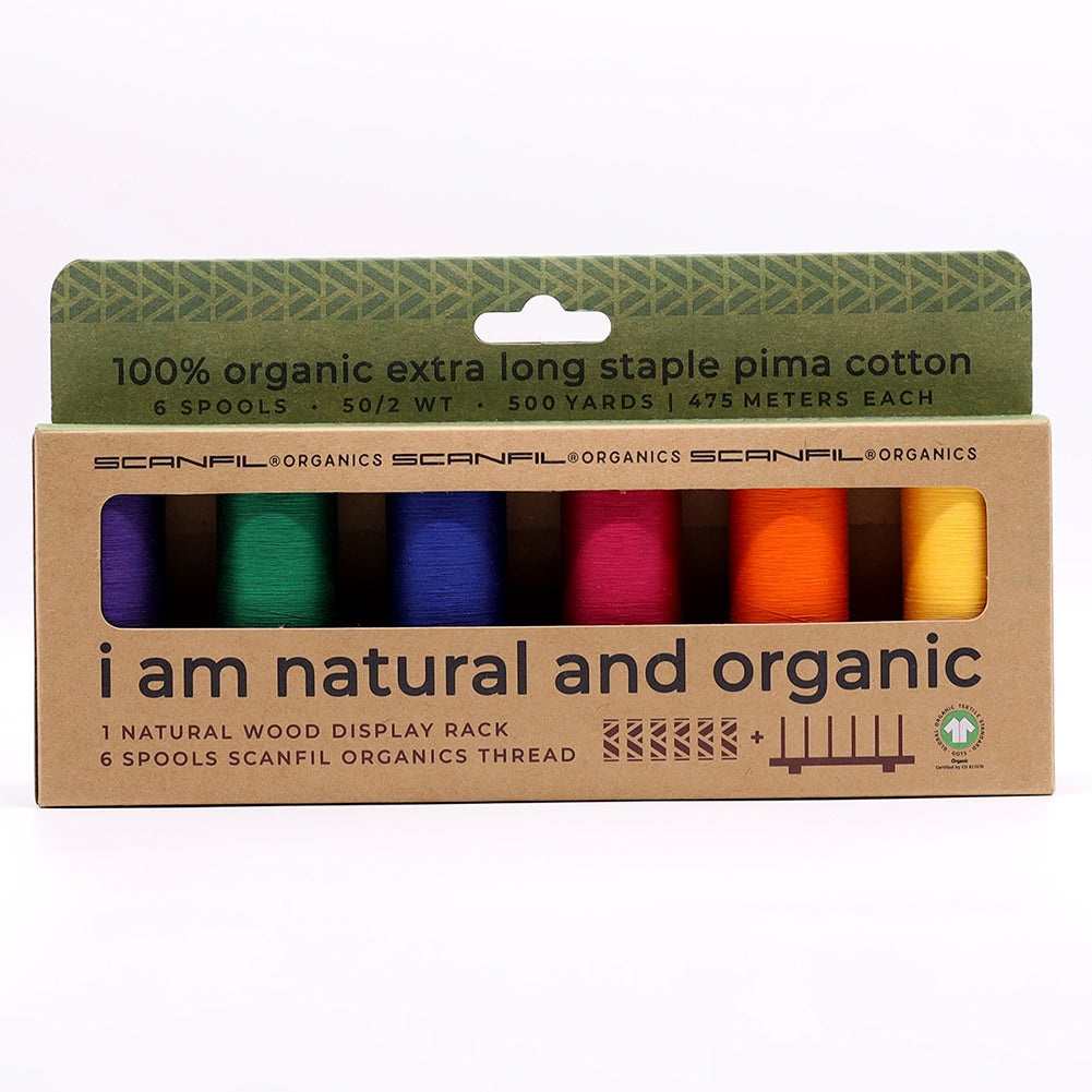 SCANFIL® 50wt Organic Pima Cotton Thread Set - 6ct 500yd Spools & Wood Rack - Jewel Tones - Drape SCANFIL® 50wt Organic Pima Cotton Thread Set - 6ct 500yd Spools & Wood Rack - Jewel Tones - Drape