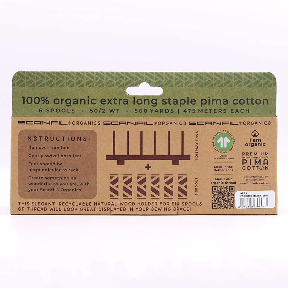 SCANFIL® 50wt Organic Pima Cotton Thread Set - 6ct 500yd Spools & Wood Rack - Harvest Time - Folded SCANFIL® 50wt Organic Pima Cotton Thread Set - 6ct 500yd Spools & Wood Rack - Harvest Time - Folded