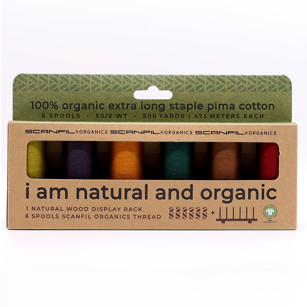 SCANFIL® 50wt Organic Pima Cotton Thread Set - 6ct 500yd Spools & Wood Rack - Harvest Time - Drape SCANFIL® 50wt Organic Pima Cotton Thread Set - 6ct 500yd Spools & Wood Rack - Harvest Time - Drape