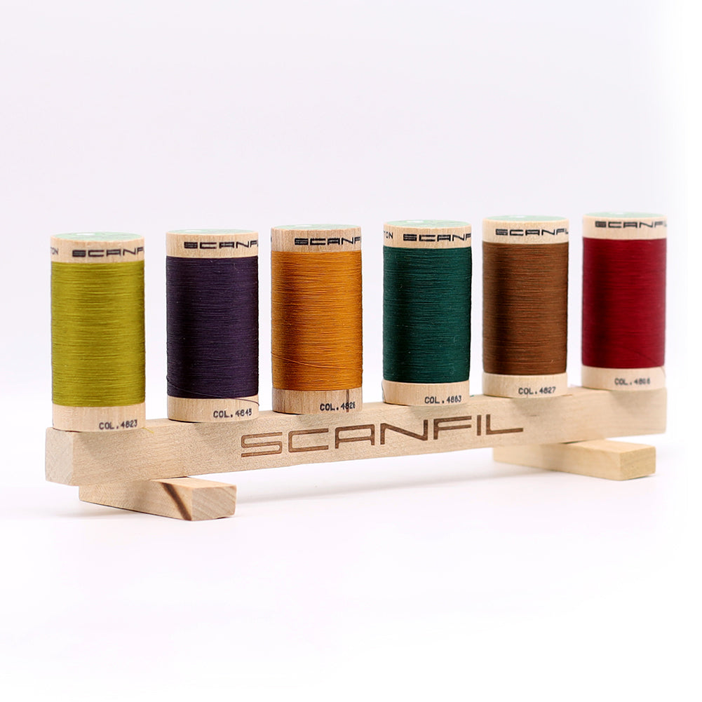SCANFIL® 50wt Organic Pima Cotton Thread Set - 6ct 500yd Spools & Wood Rack - Harvest Time - Packaged SCANFIL® 50wt Organic Pima Cotton Thread Set - 6ct 500yd Spools & Wood Rack - Harvest Time - Packaged