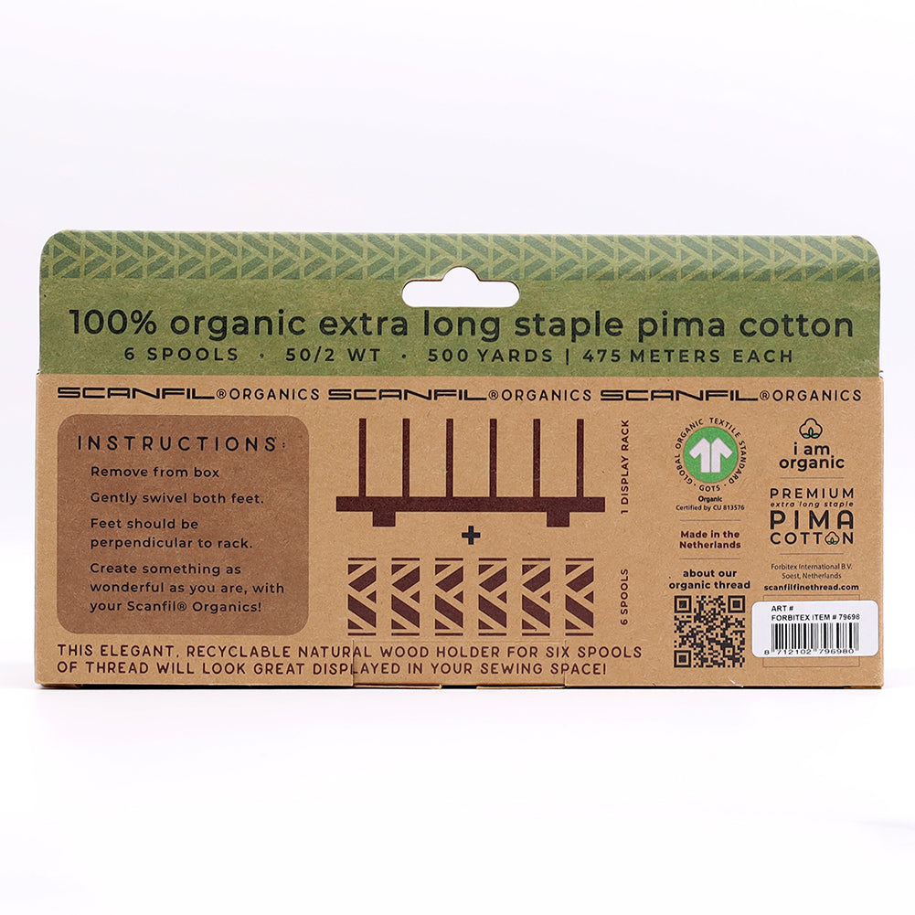 SCANFIL® 50wt Organic Pima Cotton Thread Set - 6ct 500yd Spools & Wood Rack - Fashion Mix - Folded SCANFIL® 50wt Organic Pima Cotton Thread Set - 6ct 500yd Spools & Wood Rack - Fashion Mix - Folded