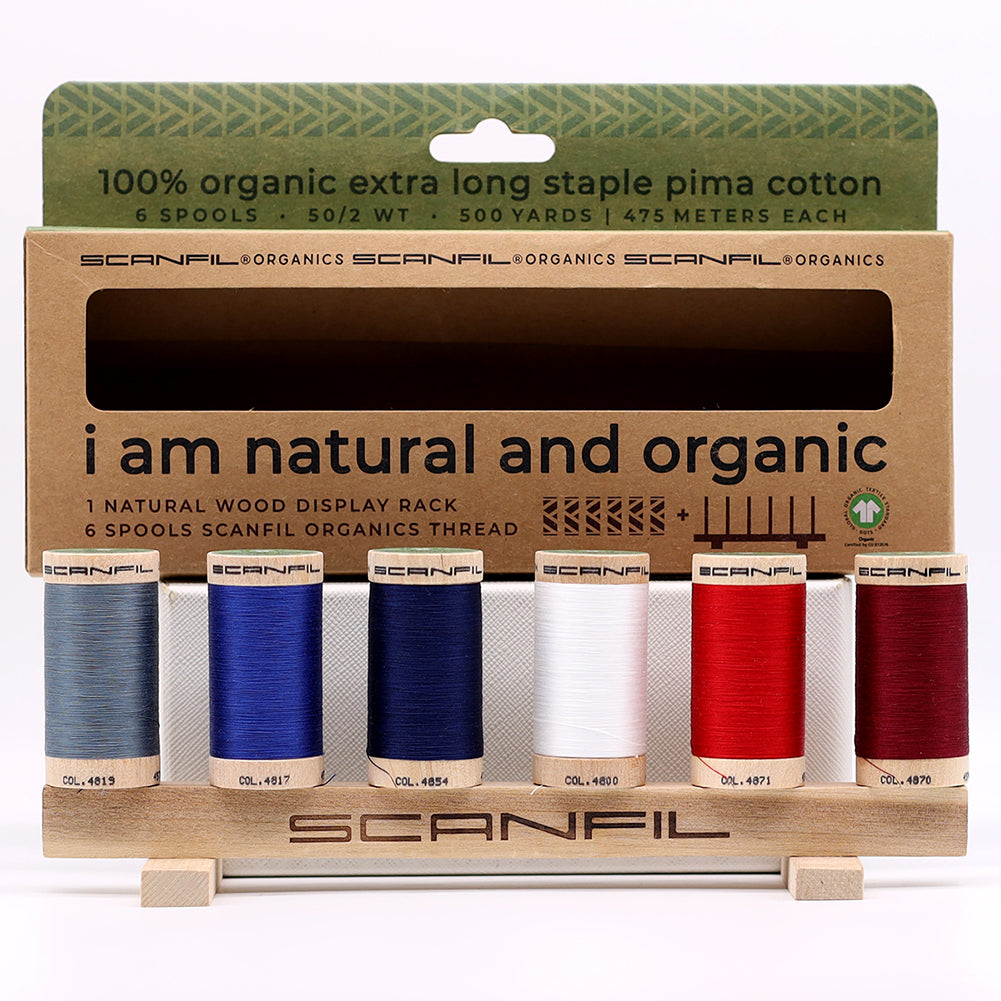 SCANFIL® 50wt Organic Pima Cotton Thread Set - 6ct 500yd Spools & Wood Rack - Patriotic Folded SCANFIL® 50wt Organic Pima Cotton Thread Set - 6ct 500yd Spools & Wood Rack - Patriotic Folded