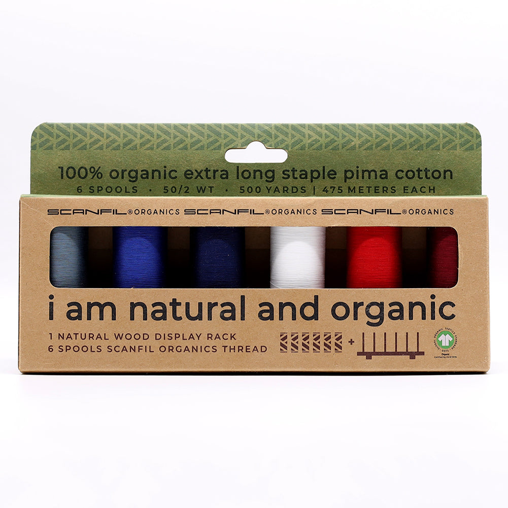SCANFIL® 50wt Organic Pima Cotton Thread Set - 6ct 500yd Spools & Wood Rack - Patriotic SCANFIL® 50wt Organic Pima Cotton Thread Set - 6ct 500yd Spools & Wood Rack - Patriotic