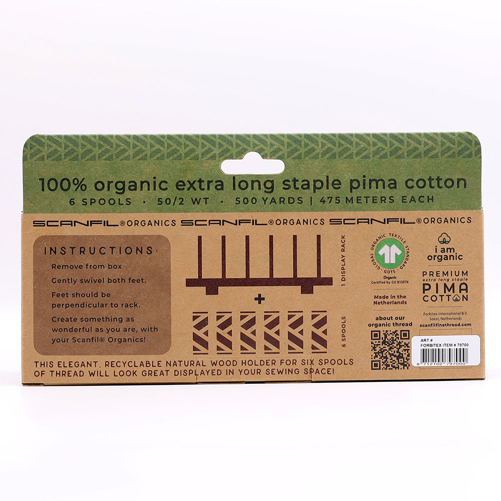 SCANFIL® 50wt Organic Pima Cotton Thread Set - 6ct 500yd Spools & Wood Rack - Frosty Winter Folded SCANFIL® 50wt Organic Pima Cotton Thread Set - 6ct 500yd Spools & Wood Rack - Frosty Winter Folded