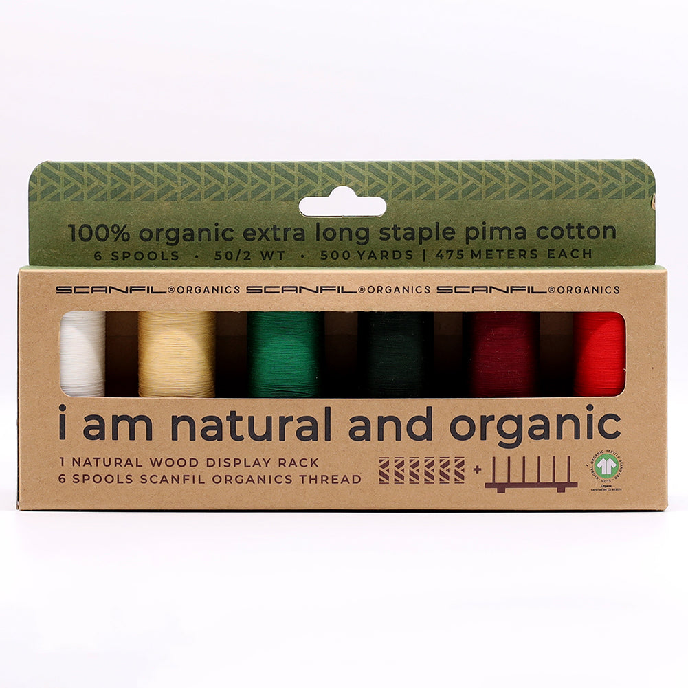 SCANFIL® 50wt Organic Pima Cotton Thread Set - 6ct 500yd Spools & Wood Rack - Holiday Traditions SCANFIL® 50wt Organic Pima Cotton Thread Set - 6ct 500yd Spools & Wood Rack - Holiday Traditions