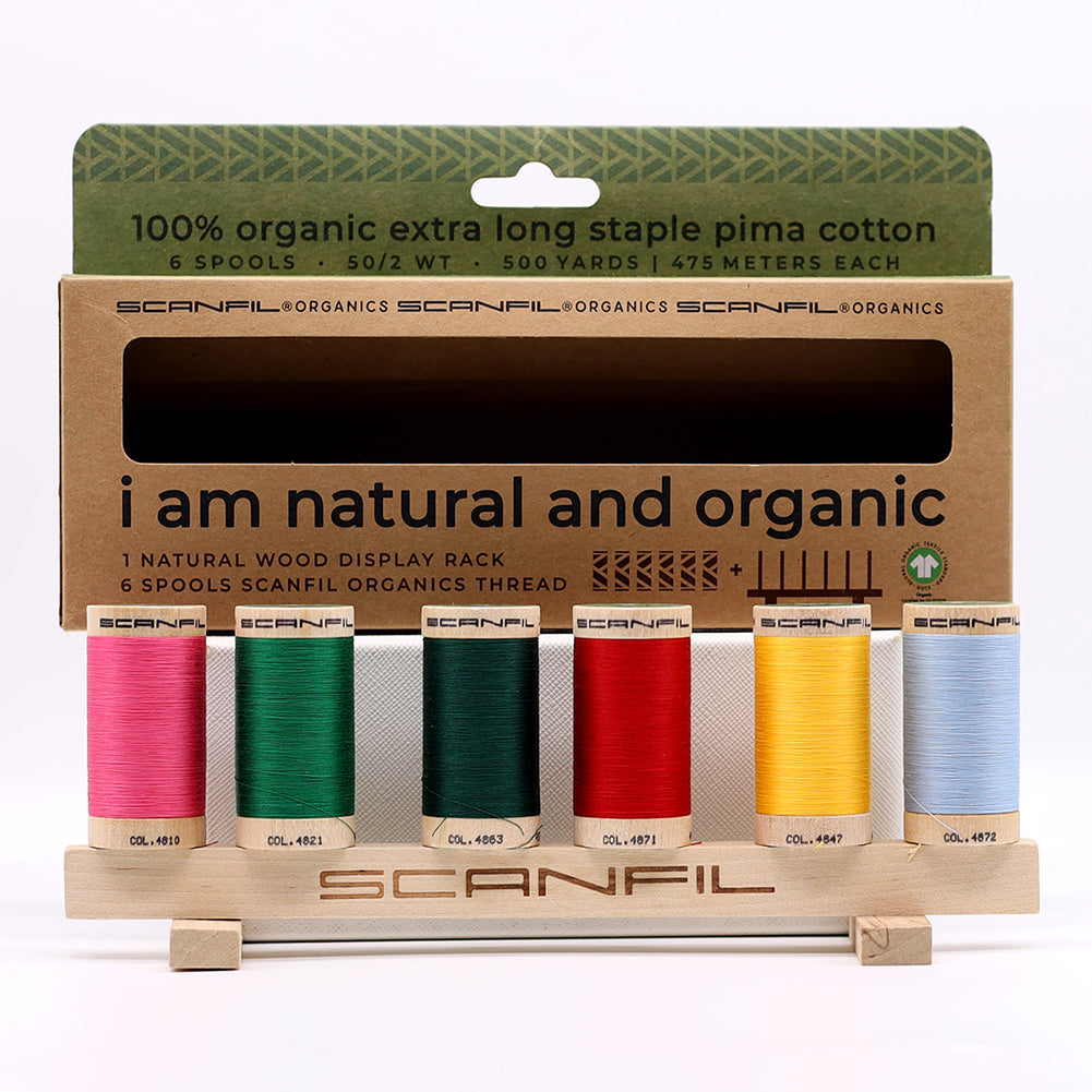 SCANFIL® 50wt Organic Pima Cotton Thread Set - 6ct 500yd Spools & Wood Rack - Trendy Holiday Folded SCANFIL® 50wt Organic Pima Cotton Thread Set - 6ct 500yd Spools & Wood Rack - Trendy Holiday Folded