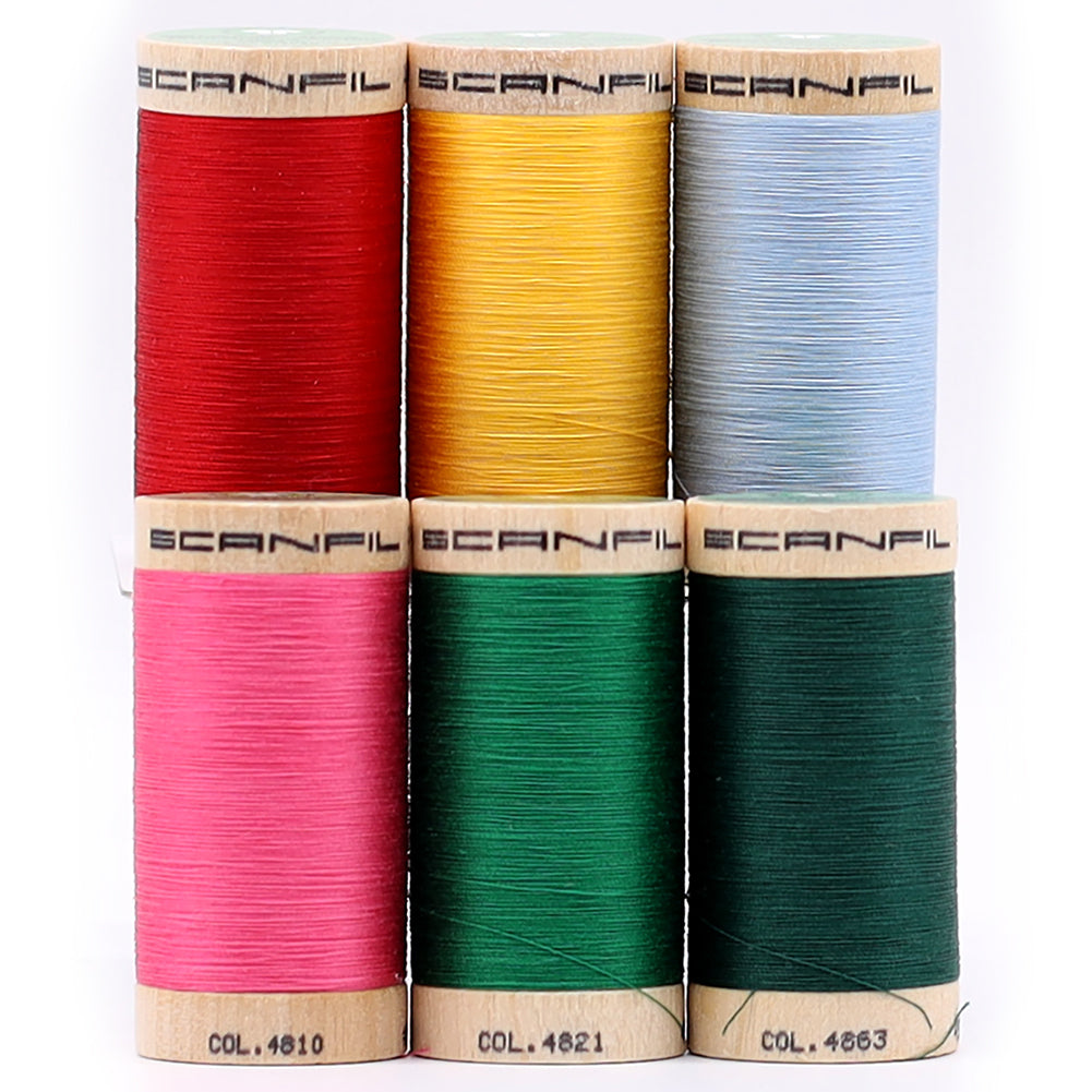 SCANFIL® 50wt Organic Pima Cotton Thread Set - 6ct 500yd Spools & Wood Rack - Trendy Holiday Detail SCANFIL® 50wt Organic Pima Cotton Thread Set - 6ct 500yd Spools & Wood Rack - Trendy Holiday Detail