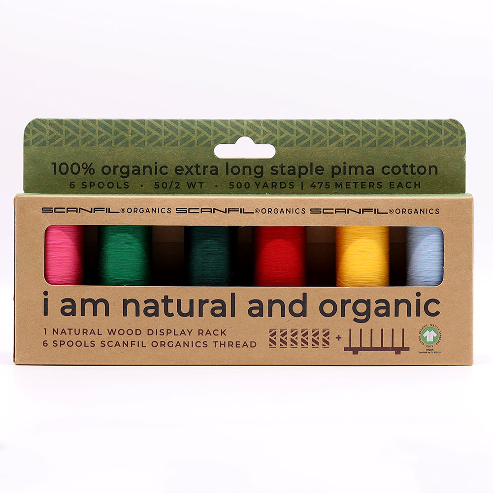 SCANFIL® 50wt Organic Pima Cotton Thread Set - 6ct 500yd Spools & Wood Rack - Trendy Holiday SCANFIL® 50wt Organic Pima Cotton Thread Set - 6ct 500yd Spools & Wood Rack - Trendy Holiday