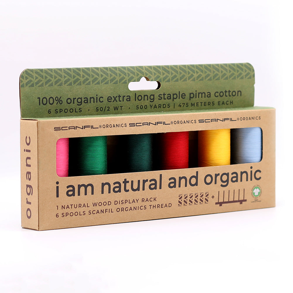 SCANFIL® 50wt Organic Pima Cotton Thread Set - 6ct 500yd Spools & Wood Rack - Trendy Holiday - Package SCANFIL® 50wt Organic Pima Cotton Thread Set - 6ct 500yd Spools & Wood Rack - Trendy Holiday - Package