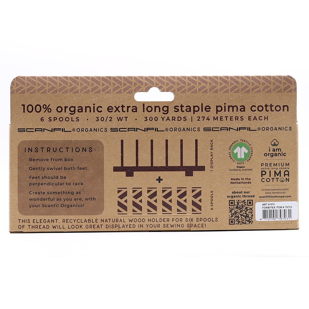 SCANFIL® 30wt Organic Pima Cotton Thread Set - 6ct 300yd Spools & Wood Rack - Pastels - Folded SCANFIL® 30wt Organic Pima Cotton Thread Set - 6ct 300yd Spools & Wood Rack - Pastels - Folded