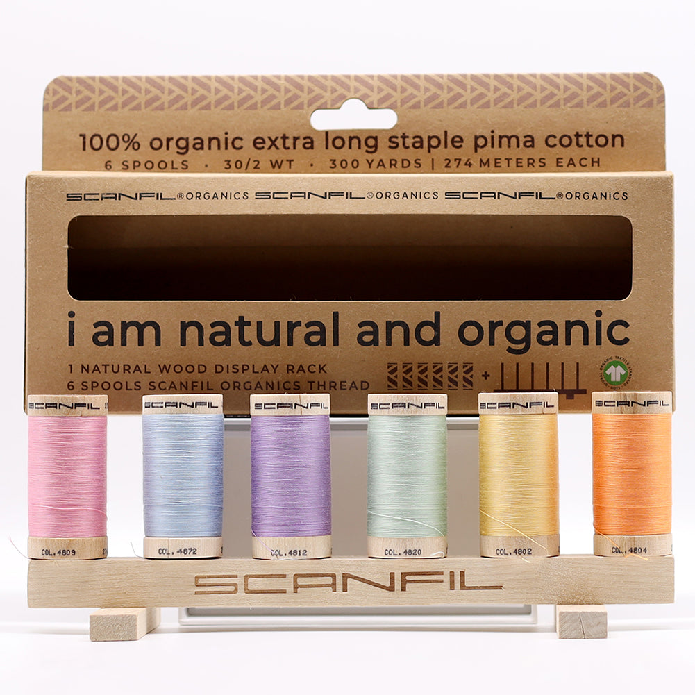SCANFIL® 30wt Organic Pima Cotton Thread Set - 6ct 300yd Spools & Wood Rack - Pastels - Detail SCANFIL® 30wt Organic Pima Cotton Thread Set - 6ct 300yd Spools & Wood Rack - Pastels - Detail