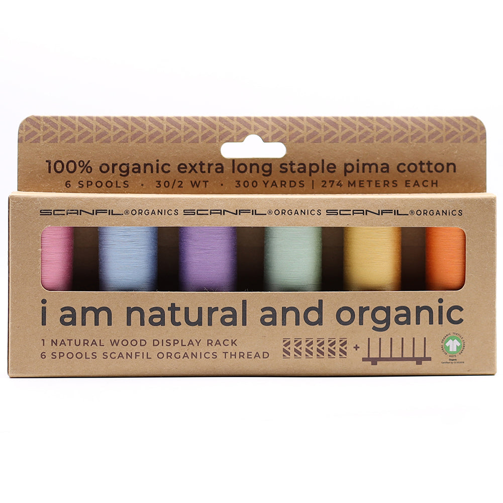SCANFIL® 30wt Organic Pima Cotton Thread Set - 6ct 300yd Spools & Wood Rack - Pastels - Drape SCANFIL® 30wt Organic Pima Cotton Thread Set - 6ct 300yd Spools & Wood Rack - Pastels - Drape