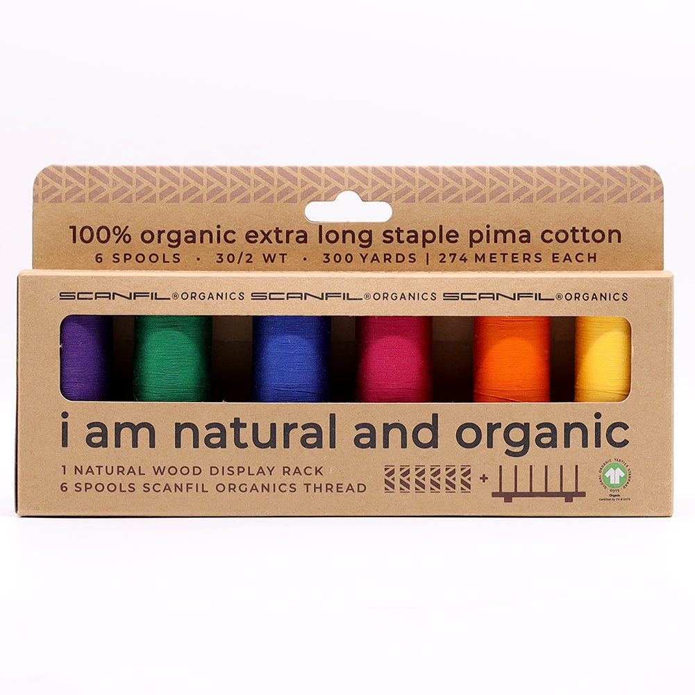 SCANFIL® 30wt Organic Pima Cotton Thread Set - 6ct 300yd Spools & Wood Rack - Jewel Tones SCANFIL® 30wt Organic Pima Cotton Thread Set - 6ct 300yd Spools & Wood Rack - Jewel Tones