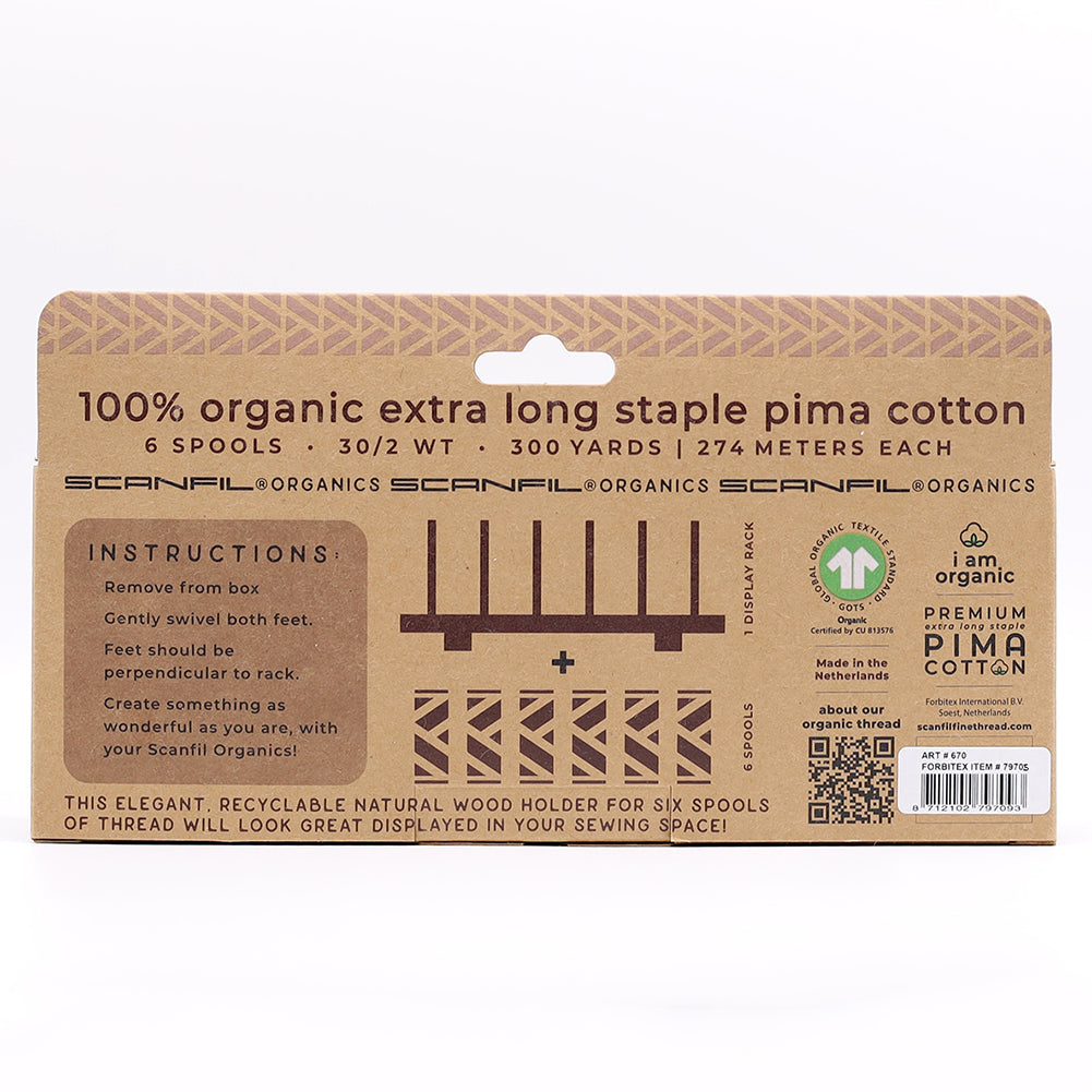 SCANFIL® 30wt Organic Pima Cotton Thread Set - 6ct 300yd Spools & Wood Rack - Harvest Time Folded SCANFIL® 30wt Organic Pima Cotton Thread Set - 6ct 300yd Spools & Wood Rack - Harvest Time Folded