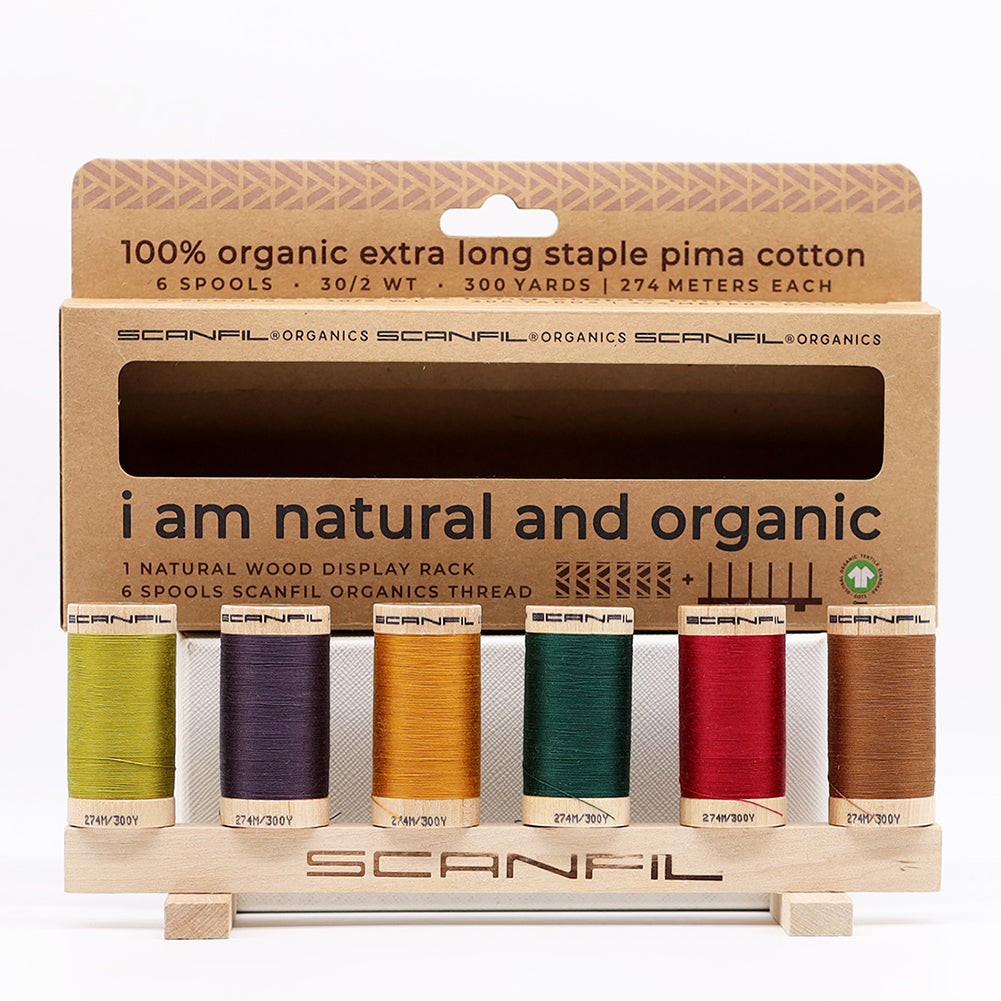 SCANFIL® 30wt Organic Pima Cotton Thread Set - 6ct 300yd Spools & Wood Rack - Harvest Time Folded SCANFIL® 30wt Organic Pima Cotton Thread Set - 6ct 300yd Spools & Wood Rack - Harvest Time Folded