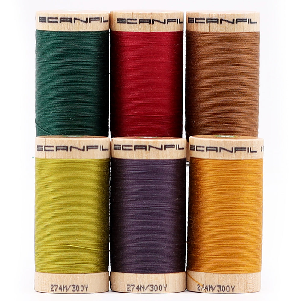 SCANFIL® 30wt Organic Pima Cotton Thread Set - 6ct 300yd Spools & Wood Rack - Harvest Time Detail SCANFIL® 30wt Organic Pima Cotton Thread Set - 6ct 300yd Spools & Wood Rack - Harvest Time Detail