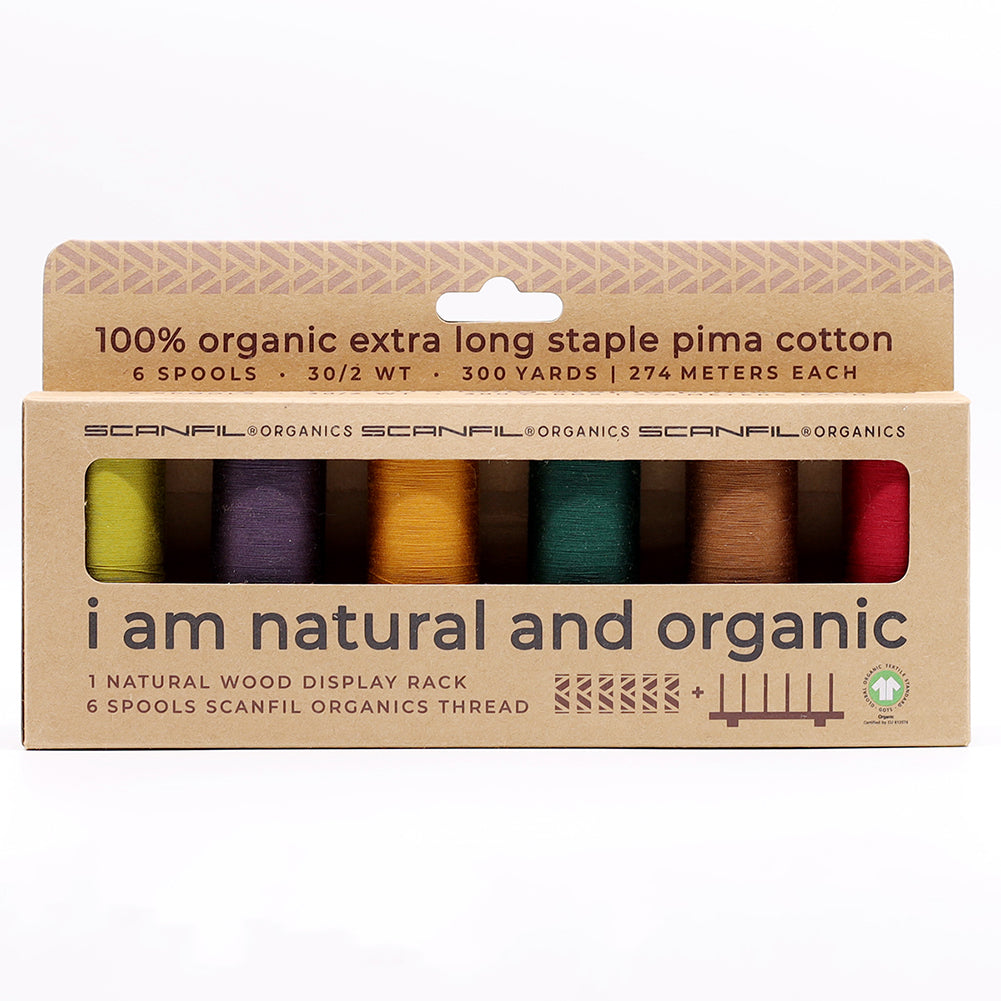 SCANFIL® 30wt Organic Pima Cotton Thread Set - 6ct 300yd Spools & Wood Rack - Harvest Time Drape SCANFIL® 30wt Organic Pima Cotton Thread Set - 6ct 300yd Spools & Wood Rack - Harvest Time Drape