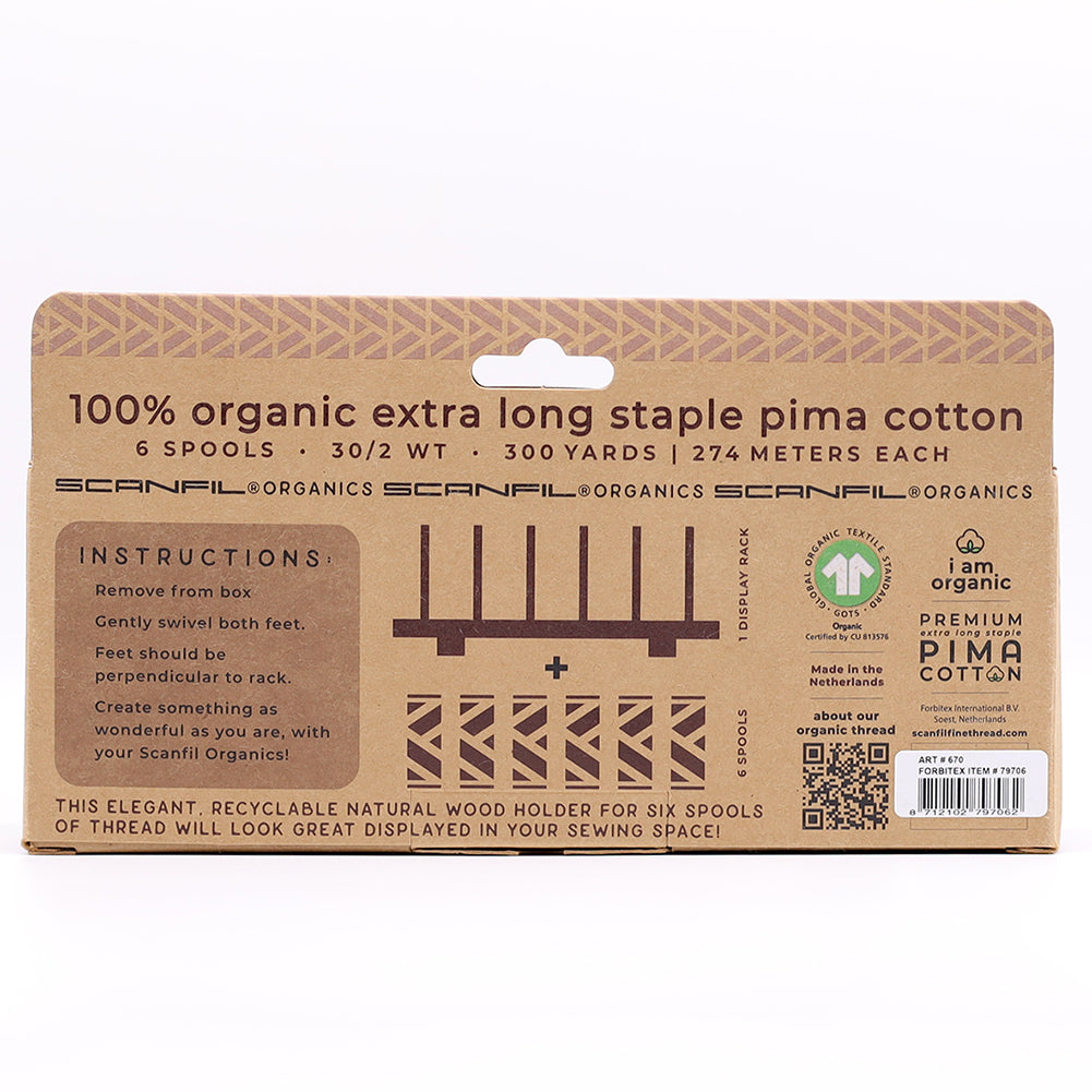 SCANFIL® 30wt Organic Pima Cotton Thread Set - 6ct 300yd Spools & Wood Rack - Fashion Mix - Folded SCANFIL® 30wt Organic Pima Cotton Thread Set - 6ct 300yd Spools & Wood Rack - Fashion Mix - Folded