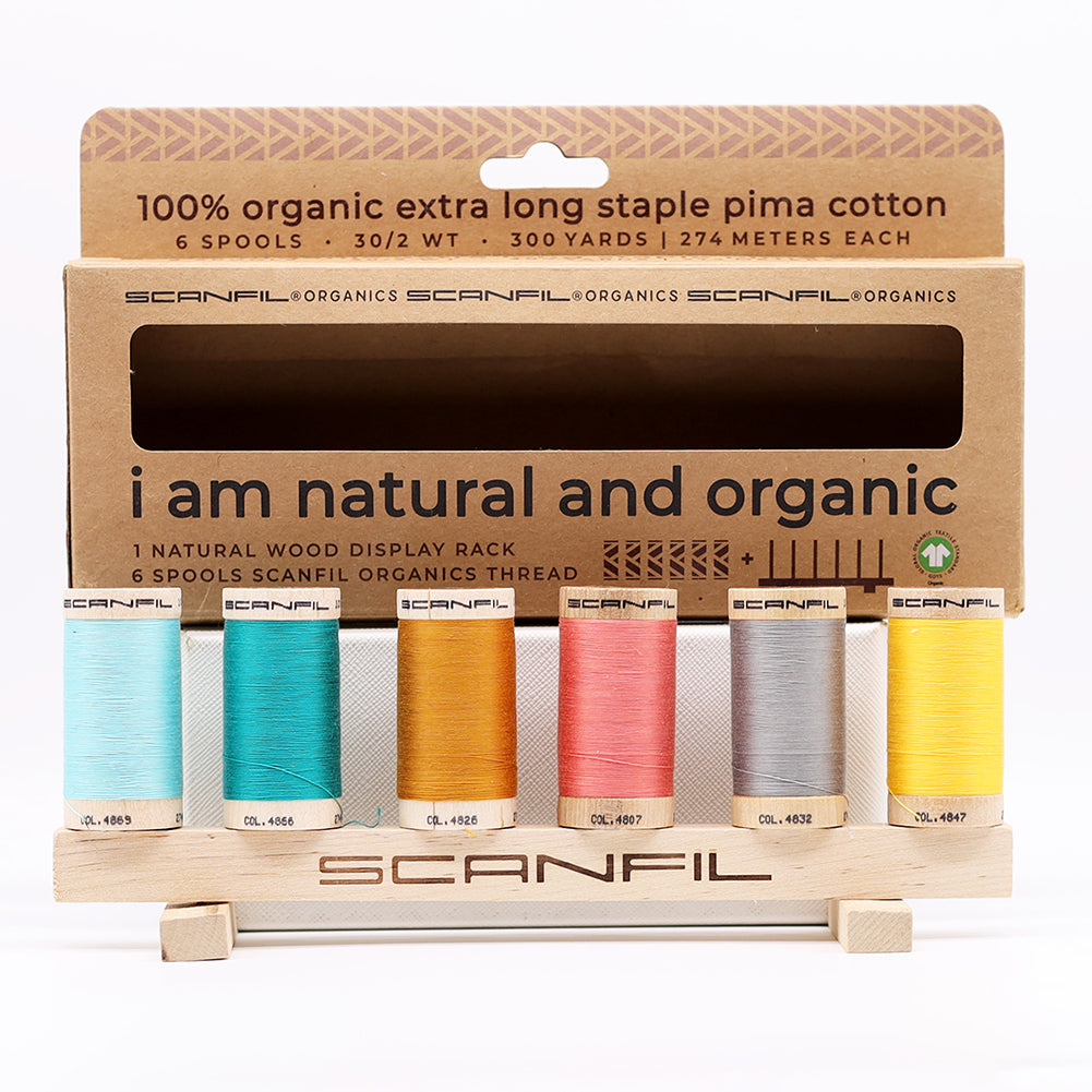 SCANFIL® 30wt Organic Pima Cotton Thread Set - 6ct 300yd Spools & Wood Rack - Fashion Mix - Detail SCANFIL® 30wt Organic Pima Cotton Thread Set - 6ct 300yd Spools & Wood Rack - Fashion Mix - Detail