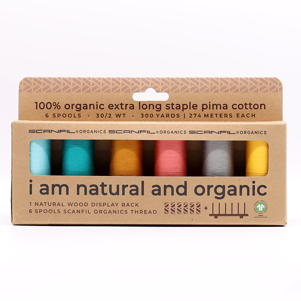 SCANFIL® 30wt Organic Pima Cotton Thread Set - 6ct 300yd Spools & Wood Rack - Fashion Mix - Drape SCANFIL® 30wt Organic Pima Cotton Thread Set - 6ct 300yd Spools & Wood Rack - Fashion Mix - Drape