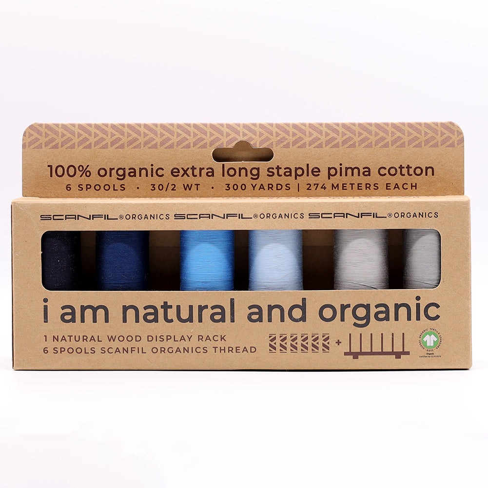 SCANFIL® 30wt Organic Pima Cotton Thread Set - 6ct 300yd Spools & Wood Rack - Frosty Winter Drape SCANFIL® 30wt Organic Pima Cotton Thread Set - 6ct 300yd Spools & Wood Rack - Frosty Winter Drape