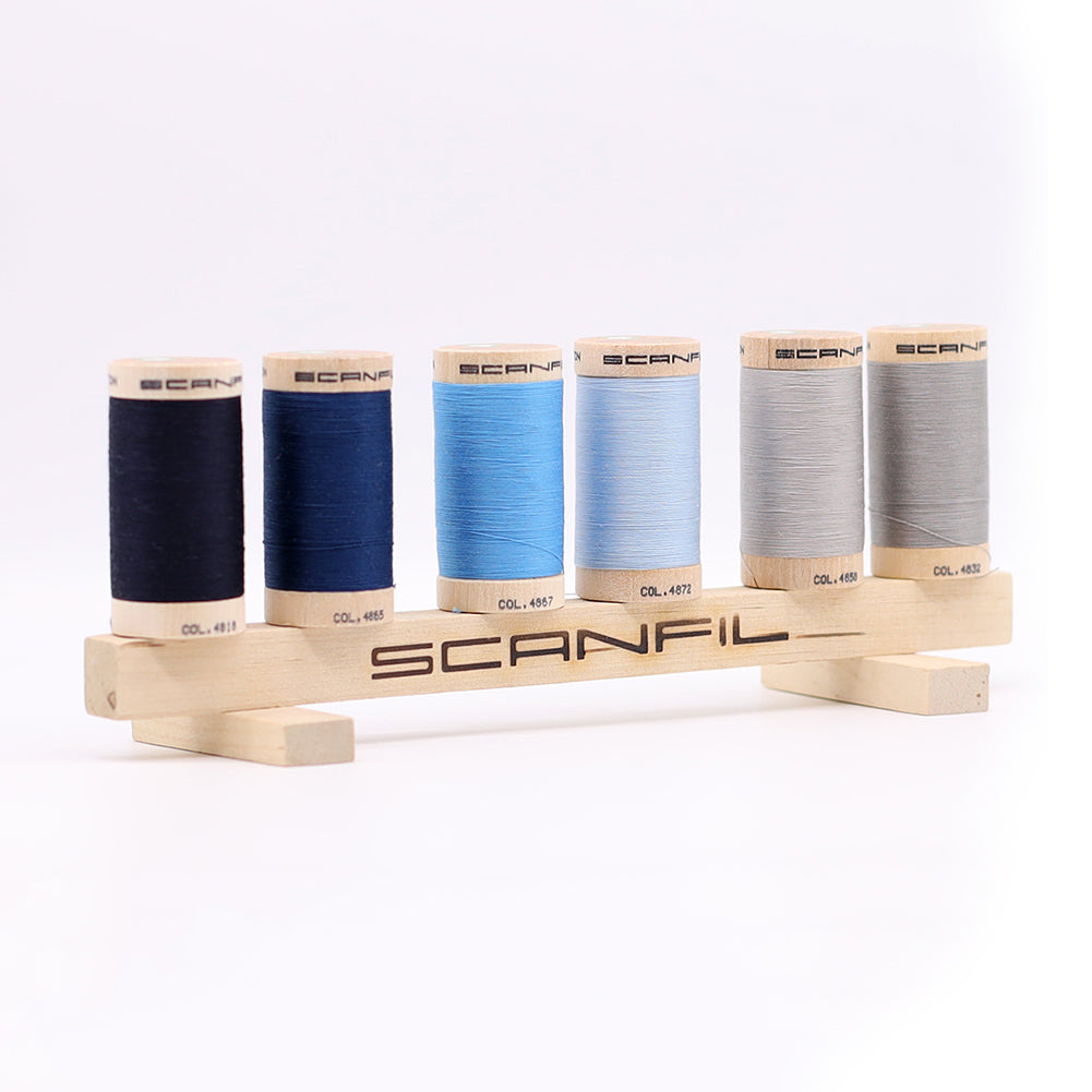 SCANFIL® 30wt Organic Pima Cotton Thread Set - 6ct 300yd Spools & Wood Rack - Frosty Winter Package SCANFIL® 30wt Organic Pima Cotton Thread Set - 6ct 300yd Spools & Wood Rack - Frosty Winter Package