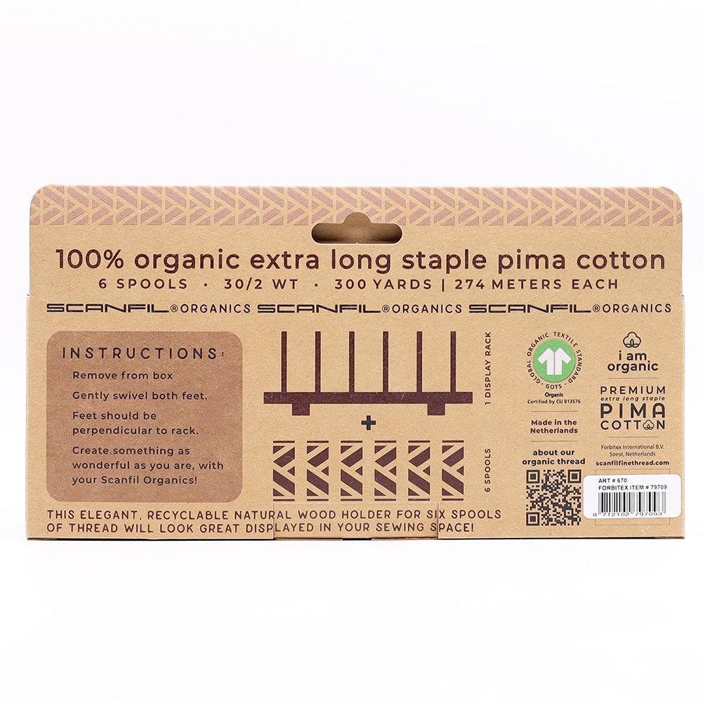 SCANFIL® 30wt Organic Pima Cotton Thread Set - 6ct 300yd Spools & Wood Rack - Holiday Traditions Folded SCANFIL® 30wt Organic Pima Cotton Thread Set - 6ct 300yd Spools & Wood Rack - Holiday Traditions Folded