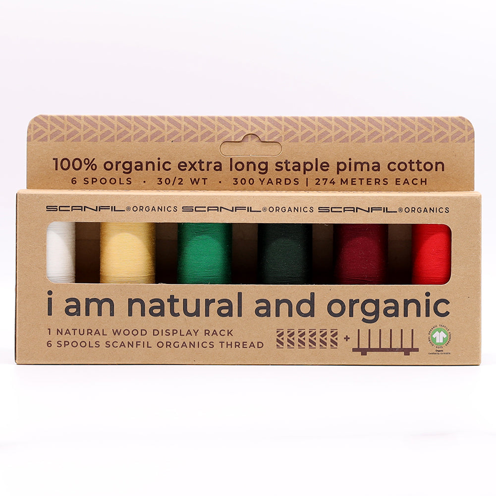 SCANFIL® 30wt Organic Pima Cotton Thread Set - 6ct 300yd Spools & Wood Rack - Holiday Traditions Drape SCANFIL® 30wt Organic Pima Cotton Thread Set - 6ct 300yd Spools & Wood Rack - Holiday Traditions Drape