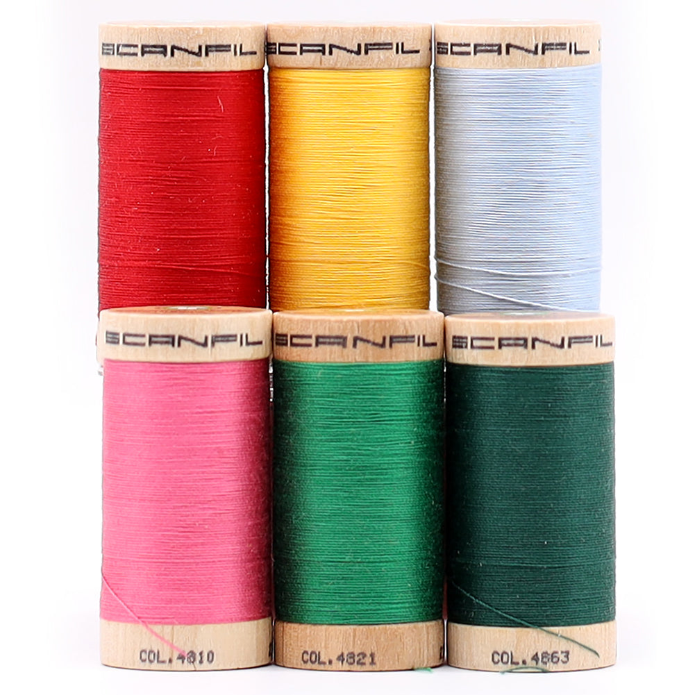 SCANFIL® 30wt Organic Pima Cotton Thread Set - 6ct 300yd Spools & Wood Rack - Trendy Holiday Detail SCANFIL® 30wt Organic Pima Cotton Thread Set - 6ct 300yd Spools & Wood Rack - Trendy Holiday Detail