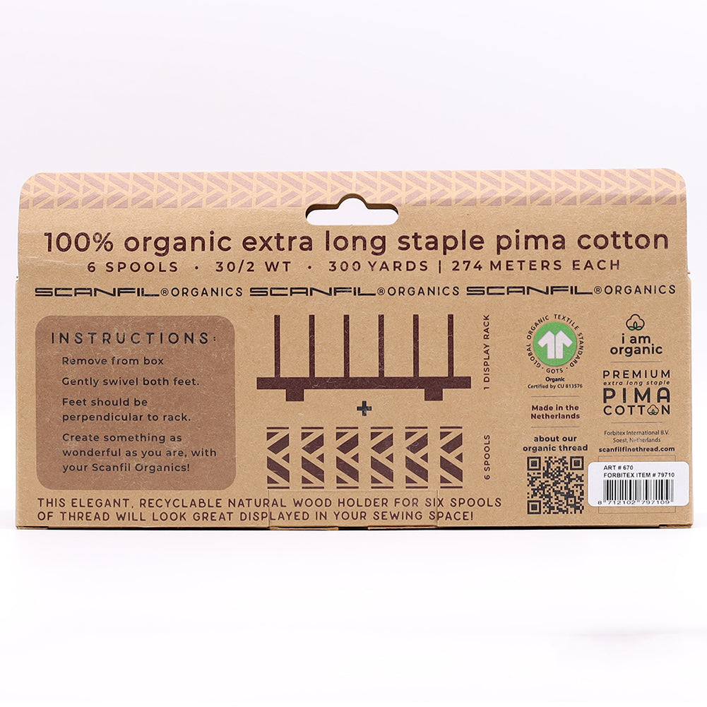 SCANFIL® 30wt Organic Pima Cotton Thread Set - 6ct 300yd Spools & Wood Rack - Trendy Holiday Drape SCANFIL® 30wt Organic Pima Cotton Thread Set - 6ct 300yd Spools & Wood Rack - Trendy Holiday Drape