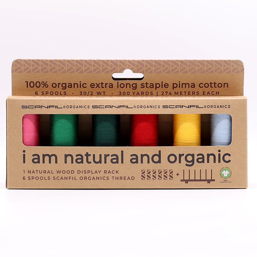 SCANFIL® 30wt Organic Pima Cotton Thread Set - 6ct 300yd Spools & Wood Rack - Trendy Holiday SCANFIL® 30wt Organic Pima Cotton Thread Set - 6ct 300yd Spools & Wood Rack - Trendy Holiday