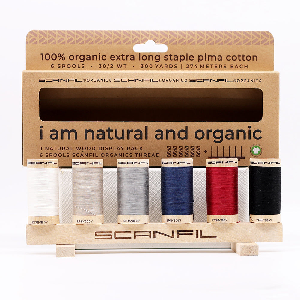SCANFIL® 30wt Organic Pima Cotton Thread Set - 6ct 300yd Spools & Wood Rack - Neutrals Folded SCANFIL® 30wt Organic Pima Cotton Thread Set - 6ct 300yd Spools & Wood Rack - Neutrals Folded
