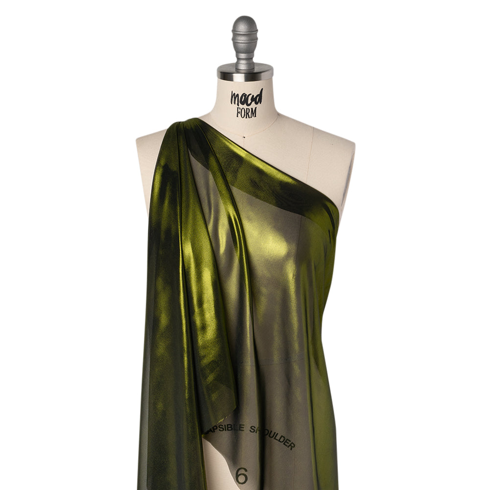 Liquid Sheen Metallic Polyester Chiffon - Olive on Black - Liquid Sheen Chiffon Collection Liquid Sheen Metallic Polyester Chiffon - Olive on Black - Liquid Sheen Chiffon Collection