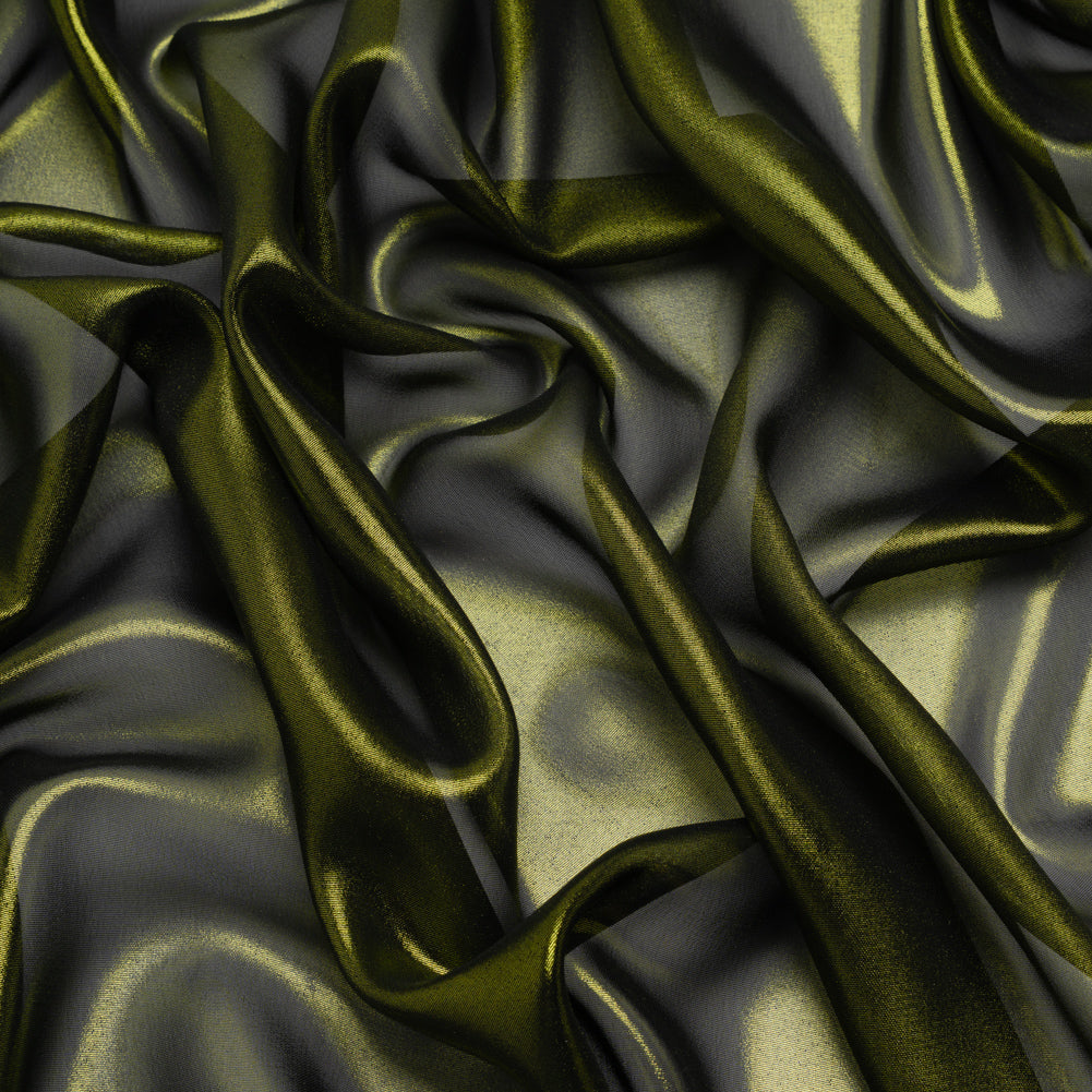 Liquid Sheen Metallic Polyester Chiffon - Olive on Black - Liquid Sheen Chiffon Collection Liquid Sheen Metallic Polyester Chiffon - Olive on Black - Liquid Sheen Chiffon Collection