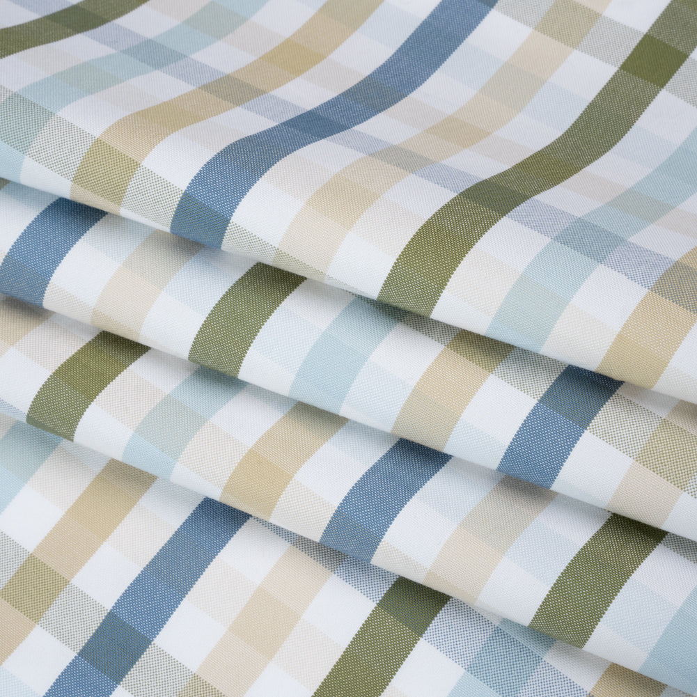 Cotton Oxford Shirting - Blue, Olive Green and Beige Plaid - Deadstock Cotton Oxford Shirting - Blue, Olive Green and Beige Plaid - Deadstock
